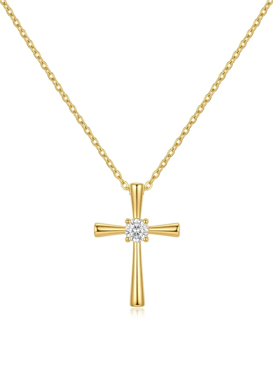 Златисто сребърно колие с кръст и циркон