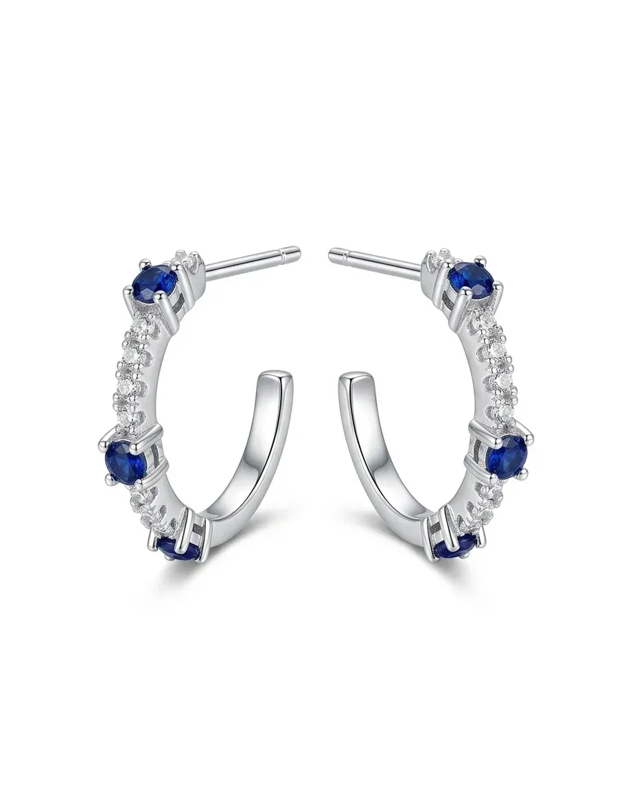 Сребърни халки с сини и бели камъни