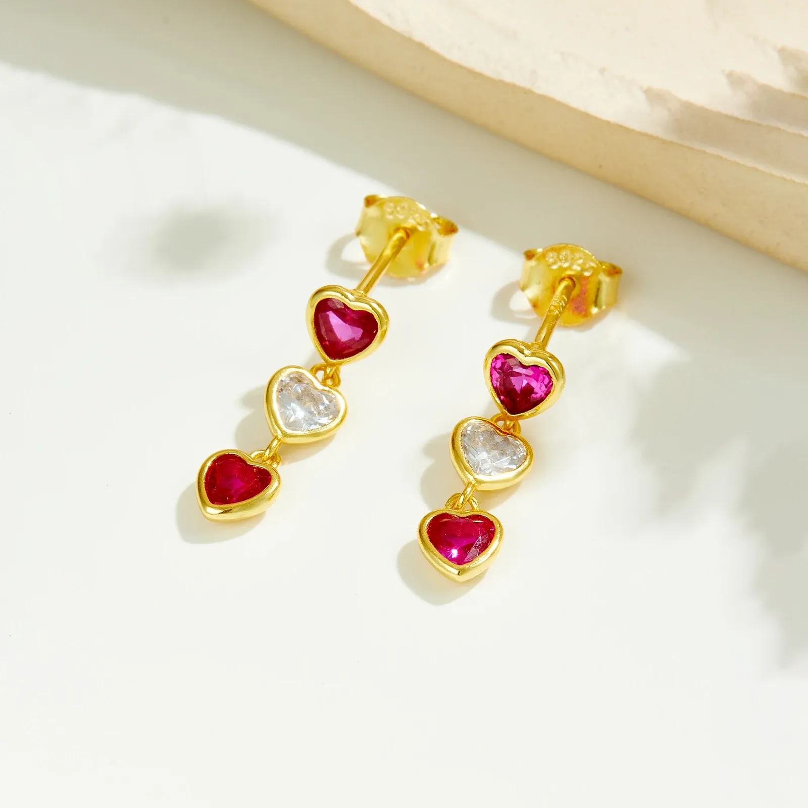 ANDYWEN 925 сребърни обеци с розово сърце и син циркон