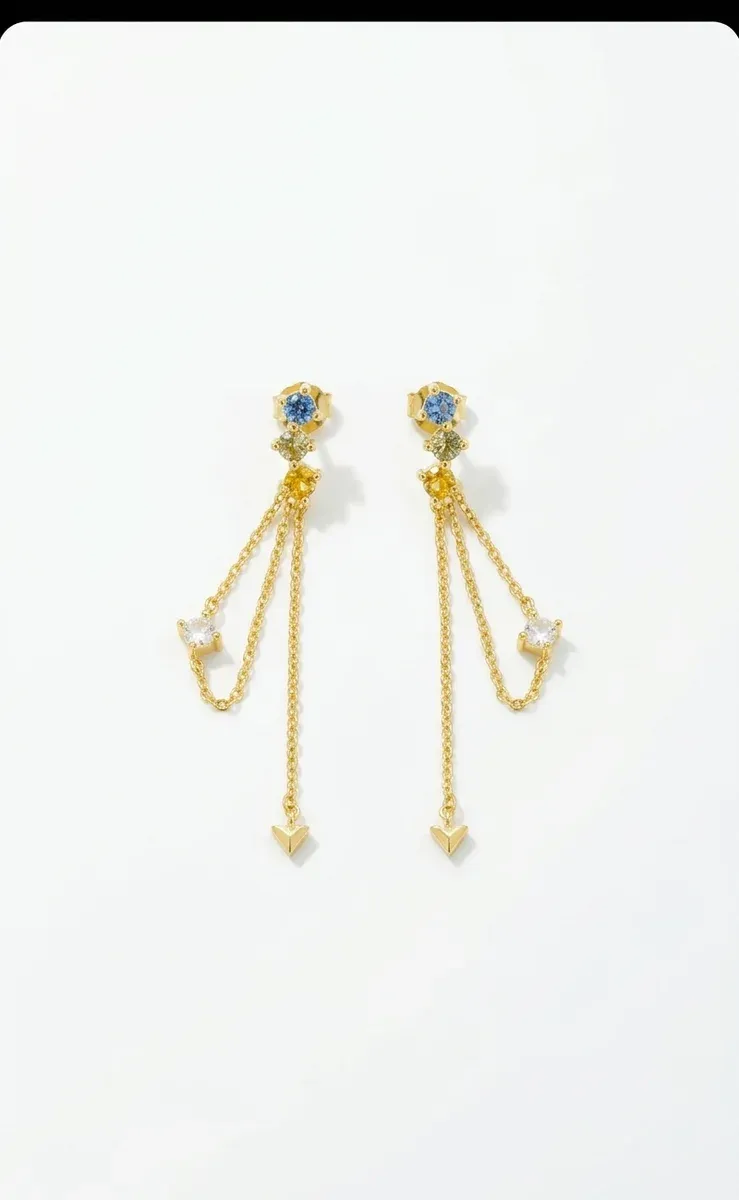 Фини златисто-сребърни висящи обеци с дъговиден CZ акцент