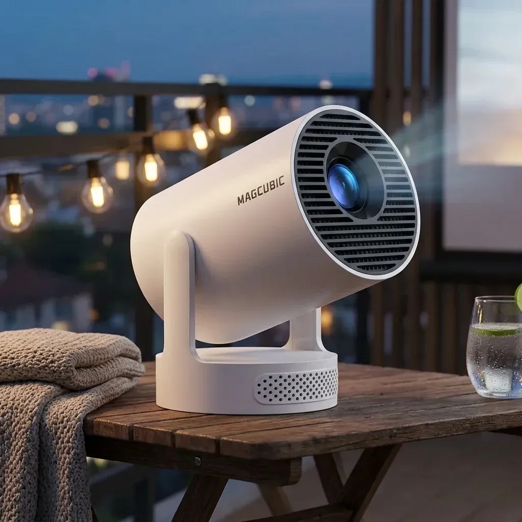 Портативен проектор Magcubic на вечерен балкон