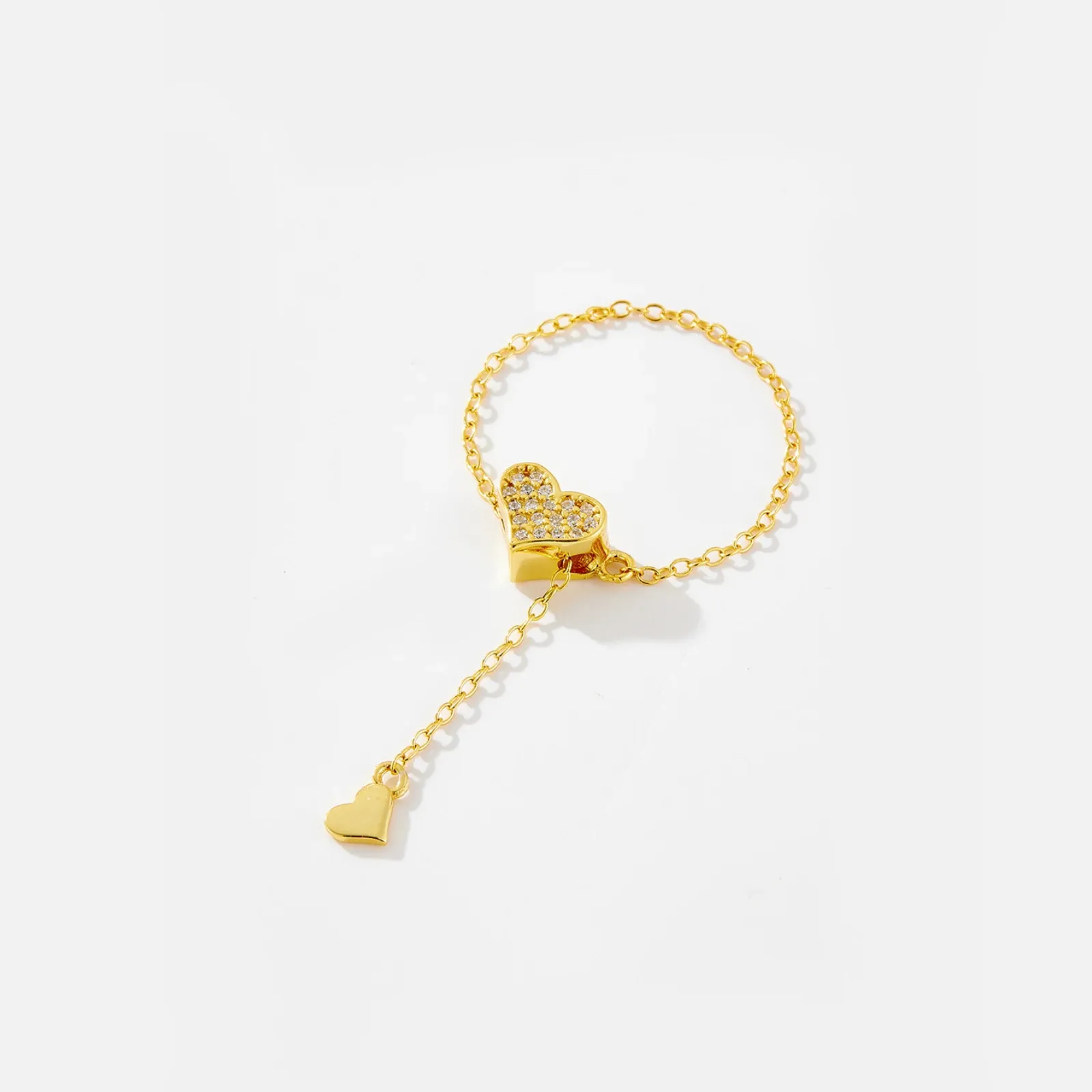 Регулируем сребърен пръстен с две сърца и циркон