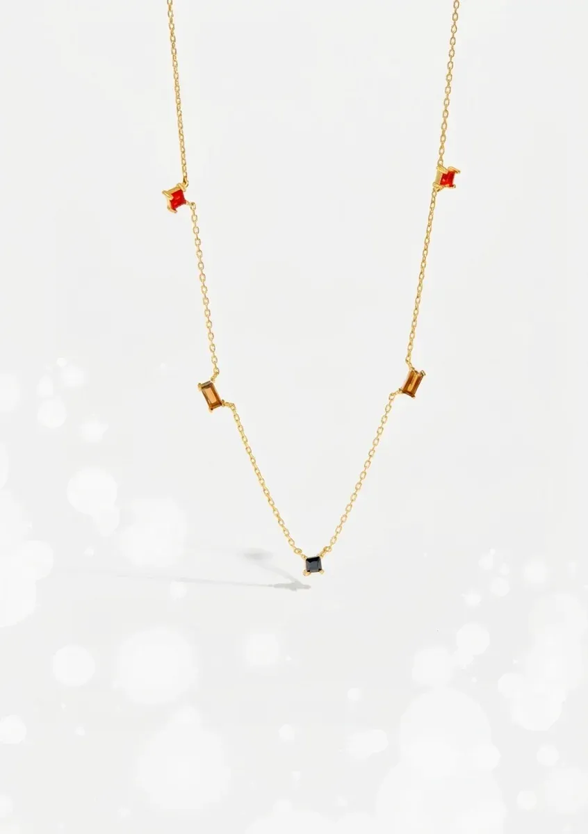 Златисто колие с пет цветни висулки