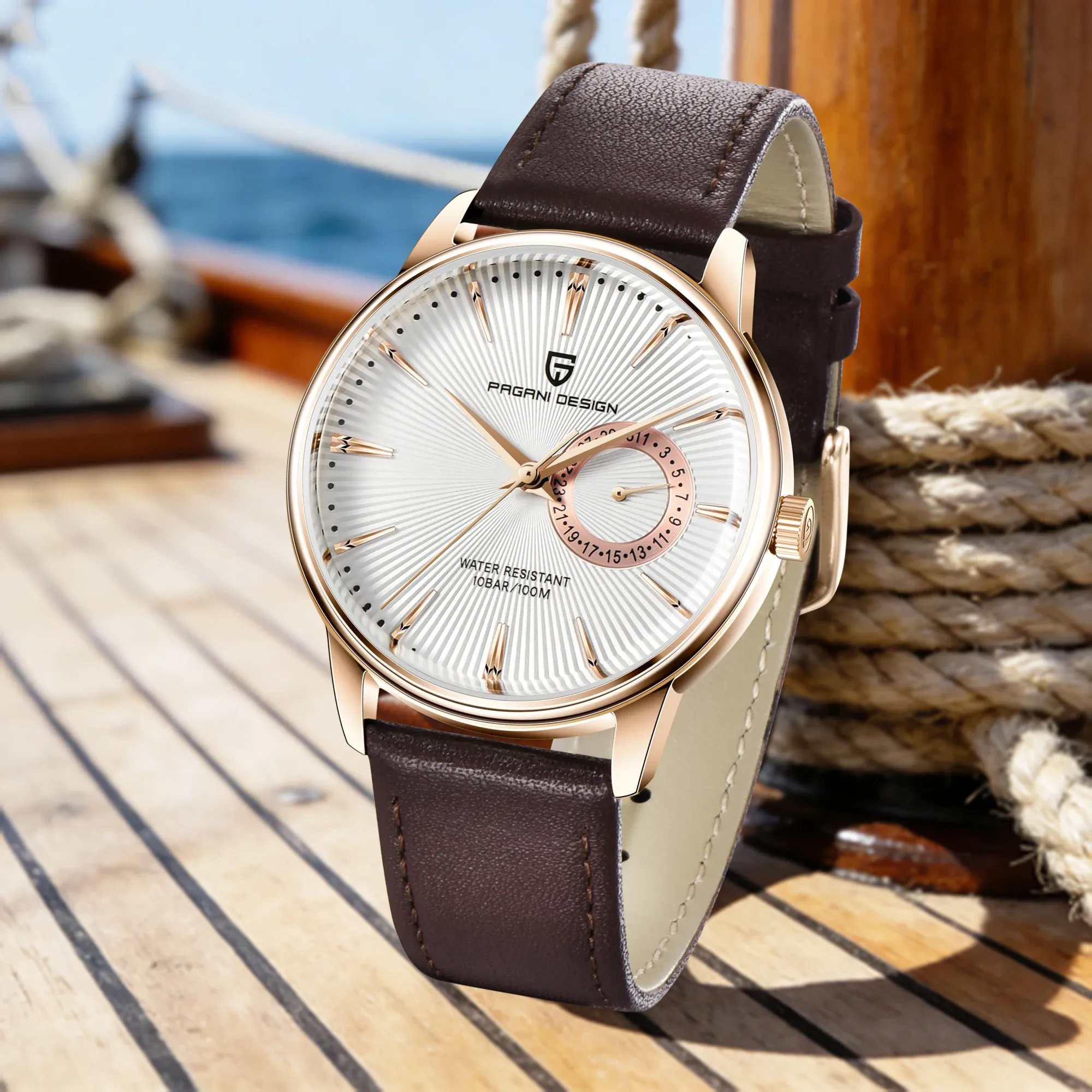 Елегантен мъжки кварцов часовник PAGANI DESIGN с кожена каишка и календар