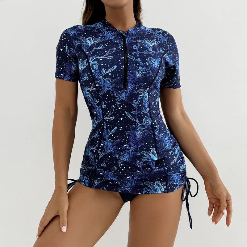 Дамски спортен танкини комплект с цип и растителен принт