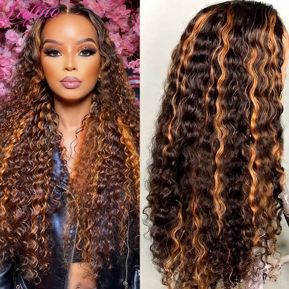 Къдрава дантелена перука от човешка коса 13x6 с акценти