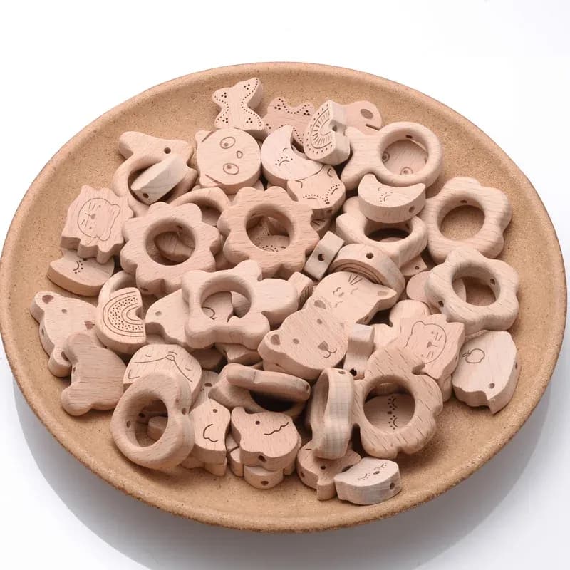 Дървени животински гризалки и гривнички за бебе, 10 броя