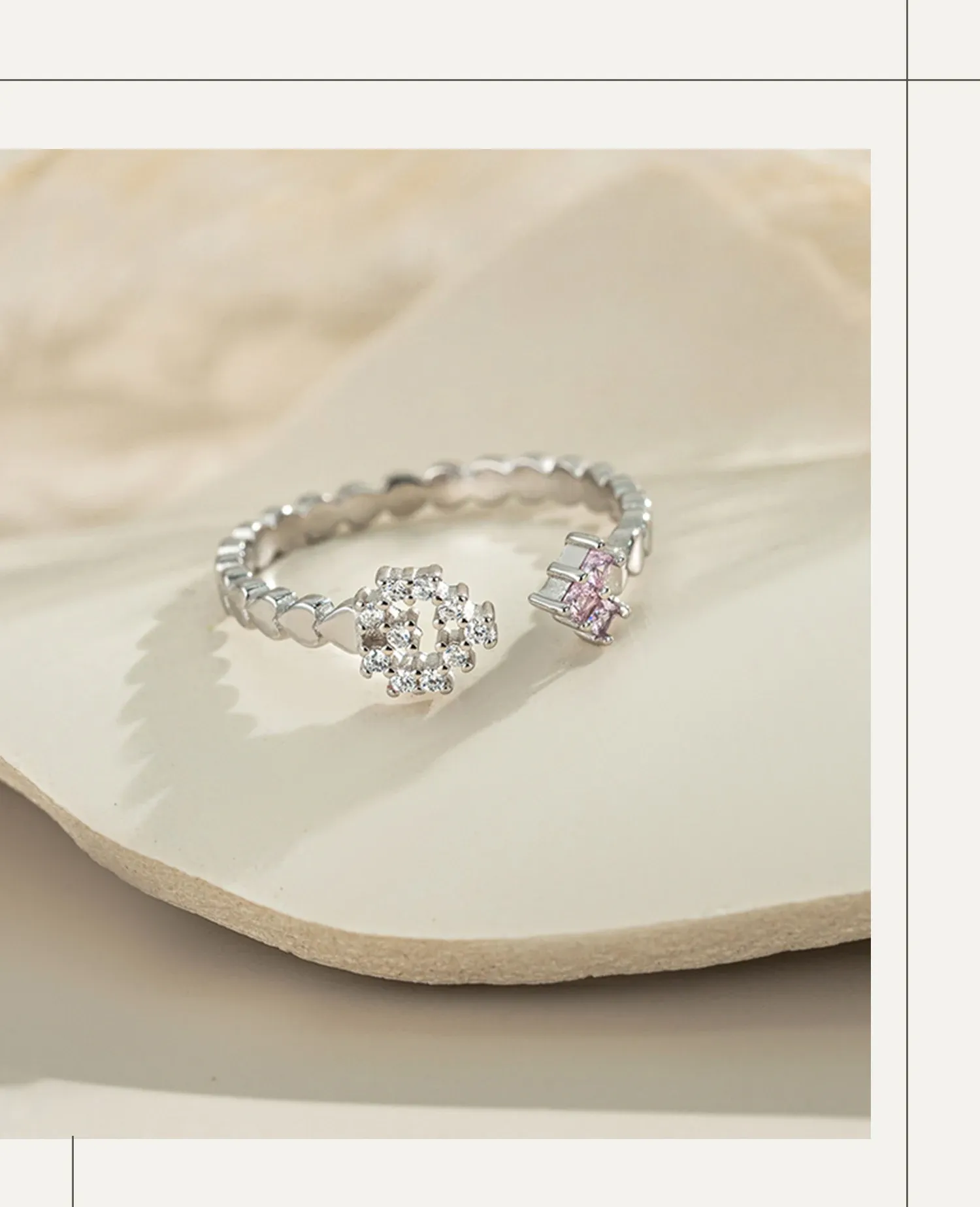 Регулируем сребърен пръстен със сърца и розов циркон ANDYWEN