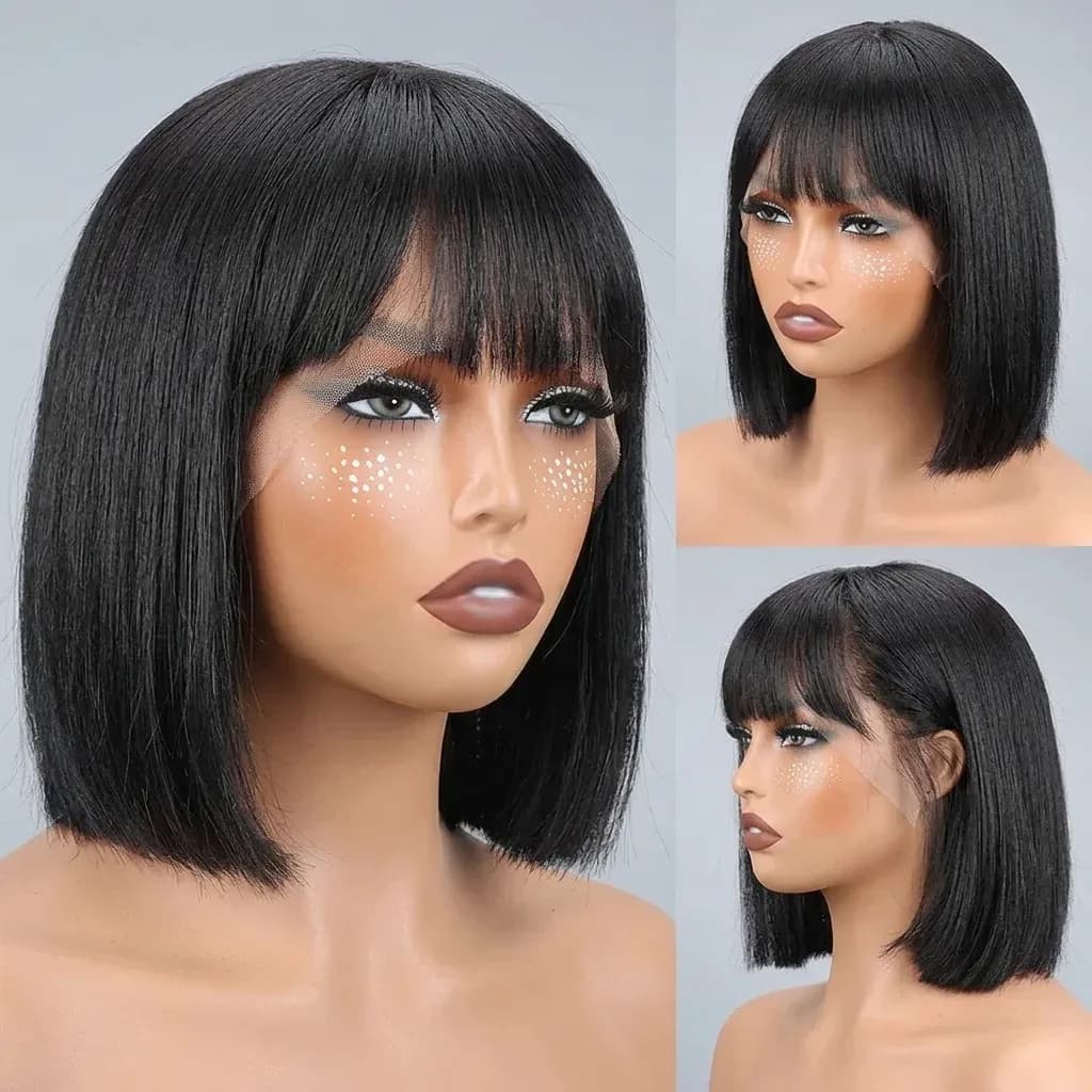 Къса права черна перука с бретон