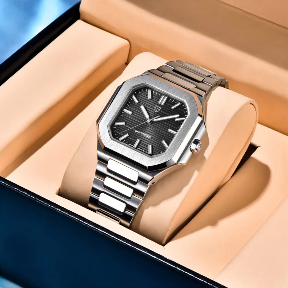 Квадратен бизнес часовник PAGANI DESIGN с сапфир и стоманена верижка