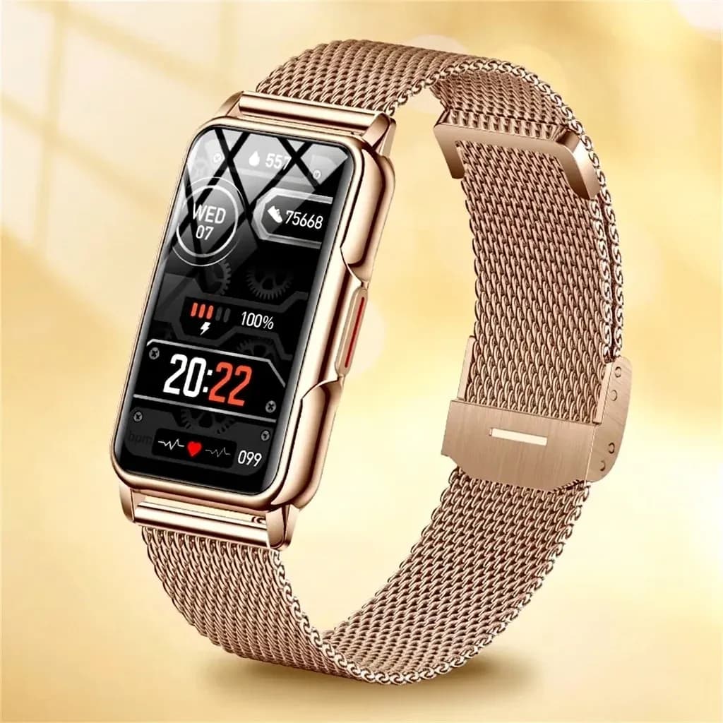 Розовозлатен смарт часовник с мрежеста каишка