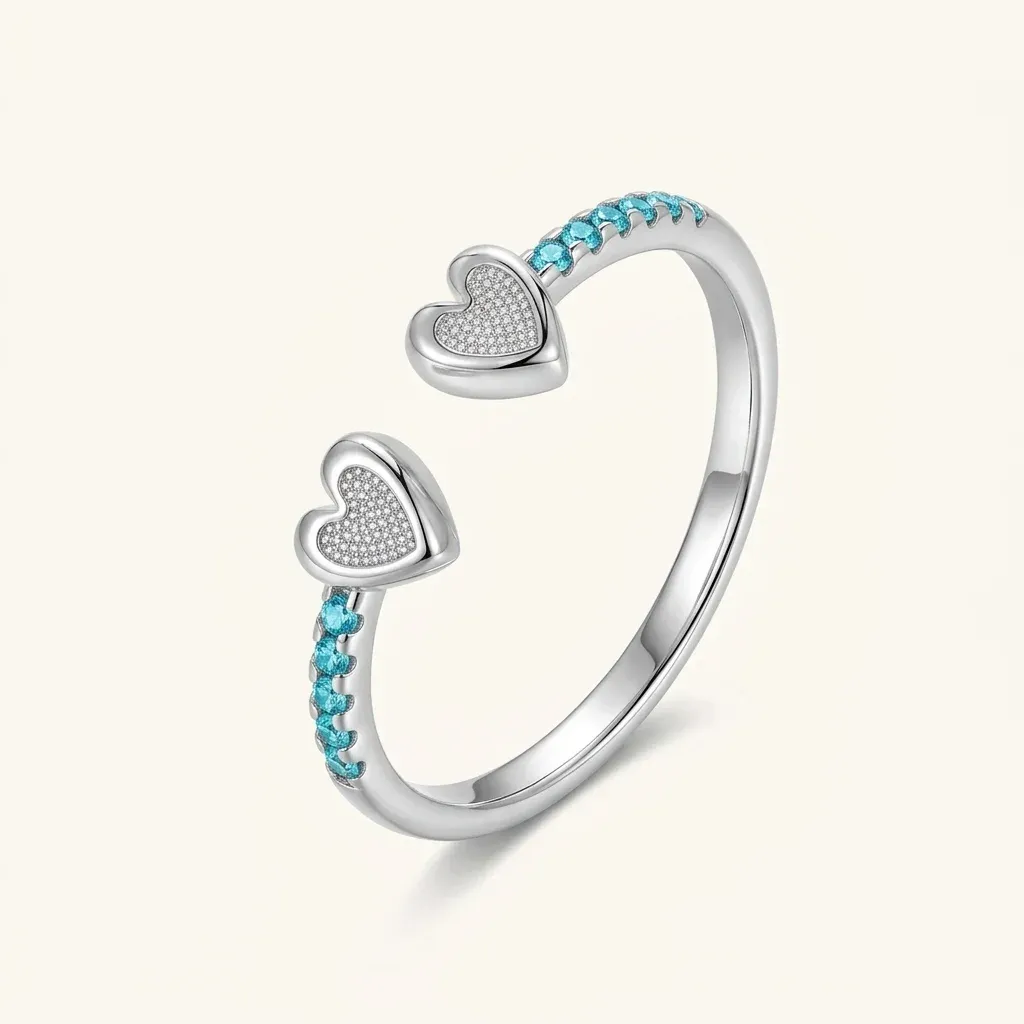 Регулируем сребърен пръстен с двойно сърце