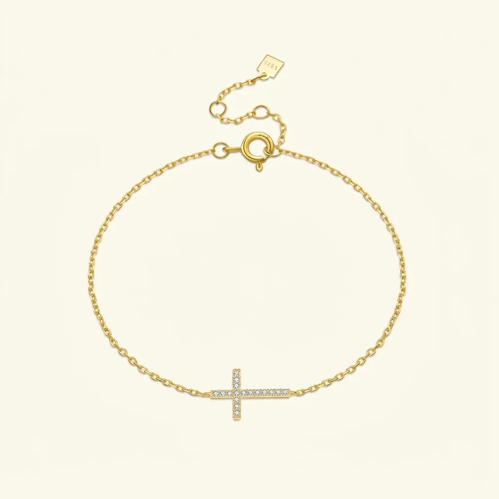 Златиста гривна с кръст и циркони