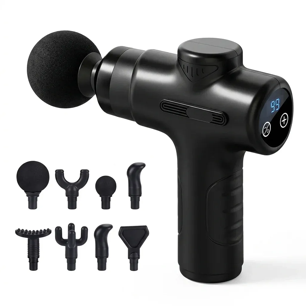 Компактен черен масажен пистолет с глави