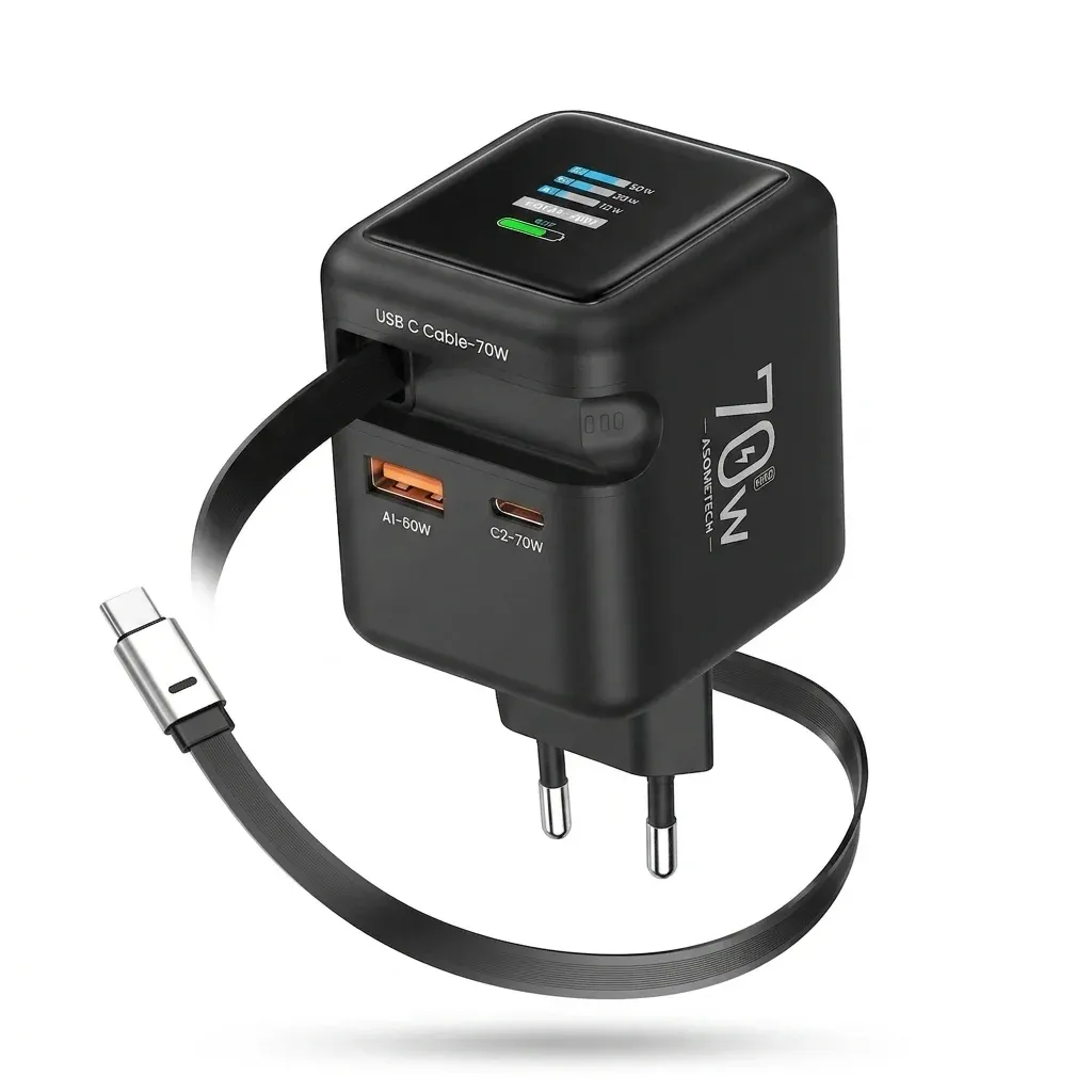 70W GaN зарядно с прибиращ се кабел