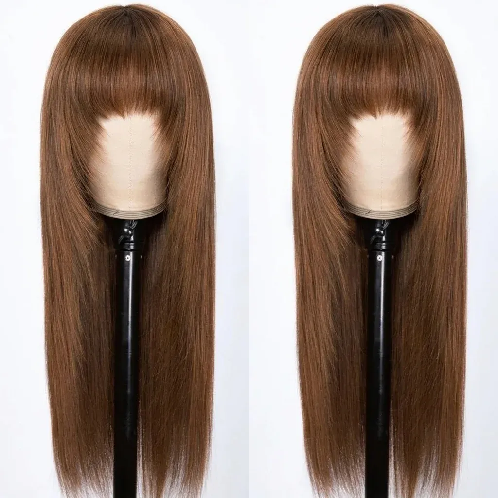 Дълга права кестенява перука с бретон